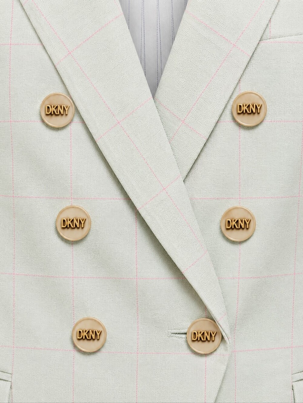 DKNY Mint Green Windowpane Double-Breasted Blazer | Gold Logo Buttons | Size 10 - Picture 6 of 10